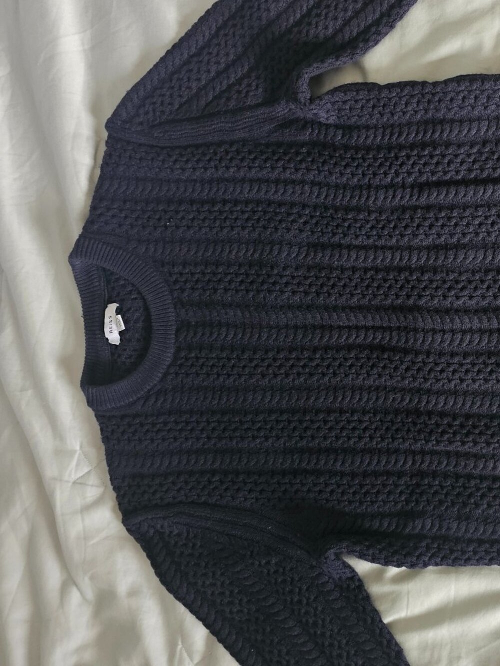 REISS Men Medium Navy Blue Heavy Chunky Cable Knit Crewneck Wool Blend Sweater